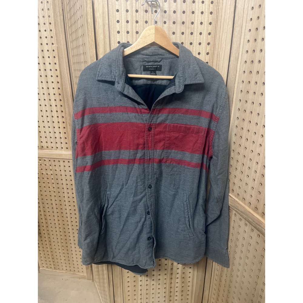 Banana Republic Standard Fit Men's‎ Gray Red Stripe Button Up Long Sleeve Size L